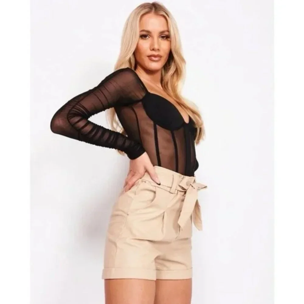 Beige Vegan Leather Faux Leather High Waist Cuffed Paper Bag Waist Shorts - Picture 6 of 17